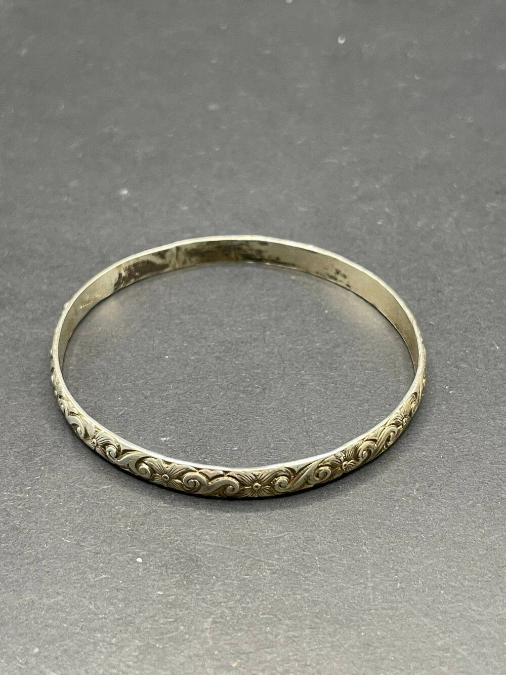 Scara 925 Sterling Silver Bangle Bracelet Engraved Floral Scroll Vintage